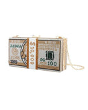 Dollar Bill Pattern Studded Beaded Chain Purse