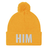 Alotofit HIM White Embroidered Text Pom-Pom Beanie
