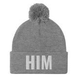 Alotofit HIM White Embroidered Text Pom-Pom Beanie