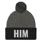 Alotofit HIM White Embroidered Text Pom-Pom Beanie