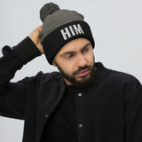 Alotofit HIM White Embroidered Text Pom-Pom Beanie
