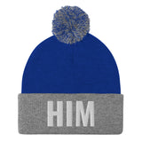 Alotofit HIM White Embroidered Text Pom-Pom Beanie