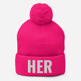 Alotofit HER White Embroidered Text Pom-Pom Beanie