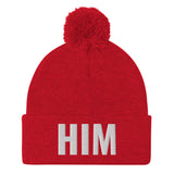 Alotofit HIM White Embroidered Text Pom-Pom Beanie