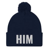 Alotofit HIM White Embroidered Text Pom-Pom Beanie