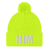 Alotofit HIM White Embroidered Text Pom-Pom Beanie