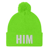 Alotofit HIM White Embroidered Text Pom-Pom Beanie