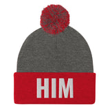 Alotofit HIM White Embroidered Text Pom-Pom Beanie