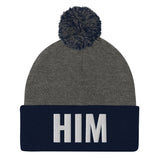 Alotofit HIM White Embroidered Text Pom-Pom Beanie