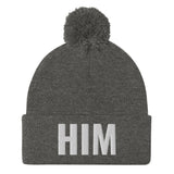 Alotofit HIM White Embroidered Text Pom-Pom Beanie