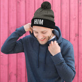 Alotofit HIM White Embroidered Text Pom-Pom Beanie