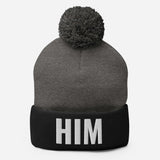 Alotofit HIM White Embroidered Text Pom-Pom Beanie