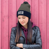 Alotofit HER White Embroidered Text Pom-Pom Beanie
