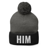 Alotofit HIM White Embroidered Text Pom-Pom Beanie